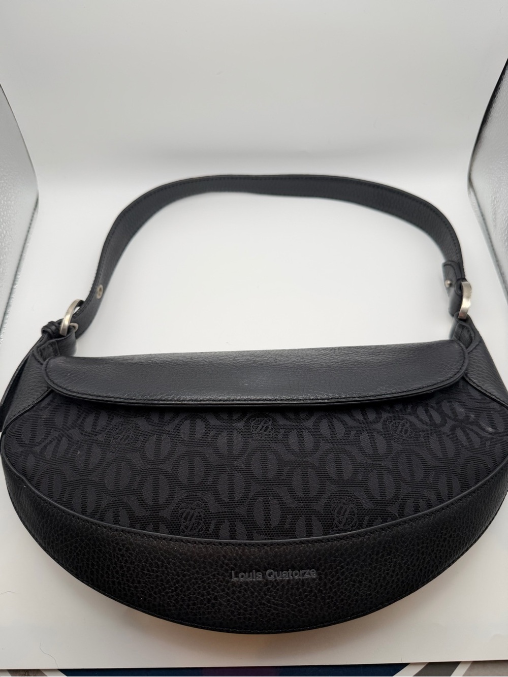Louis Quatorze Black Monogram Crescent Shoulder Bag Leather Trim Vintage Purse